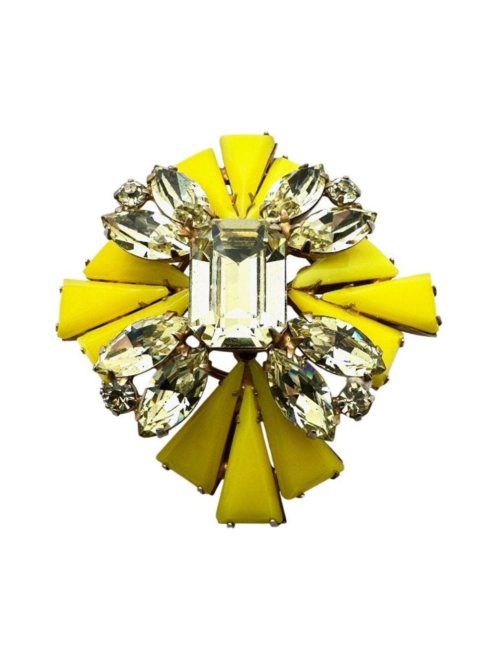 Vintage Rare Unsigned Schreiner New York Brooch Pin Yellow Glass Rhinestone